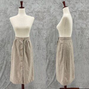 Vintage Beige Tan Wool Blend Button Front Flannel Midi Skirt Academia